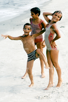Boys and Girl on a Beach, Fun, Funny, July 1968, 1960s