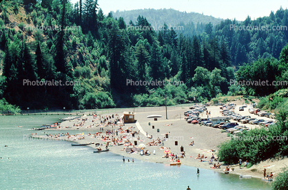 Beach, canoe, river, Redwood Forest, woodlands, cars, Monte Rio California, 1980s