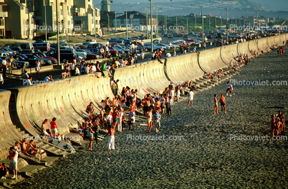 Seawall, Ocean-Beach, beach, sand, people, cars, highway, 1980s