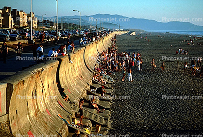 Seawall, Ocean-Beach, beach, sand, ocean, people, 1980s