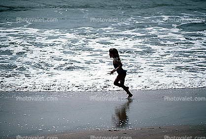 Girl, Running, Beach, Water, Foam, Reflection
