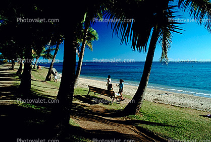 Beach, Ocean, Peaceful, Sand, Water, Palm Tree, Bench, Seat, Noumea New Caledonia