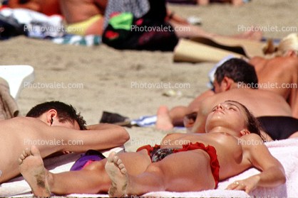 Sun Worshippers, Sand, Beach, Ocean, Barcelona, Spain