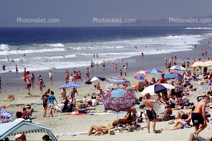 Del Mar, Crowded Beach, Umbrellas, Parasol, Sand, Shoreline