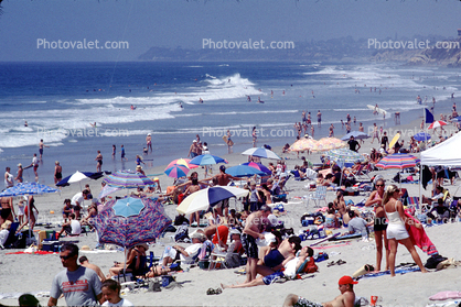 Del Mar, Crowded Beach, Umbrellas, Parasol, Sand, Shoreline