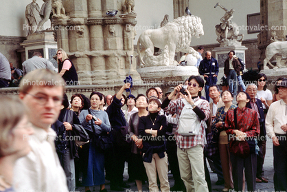 Japanese Tourist Crowds, Statues, Florence, Italy