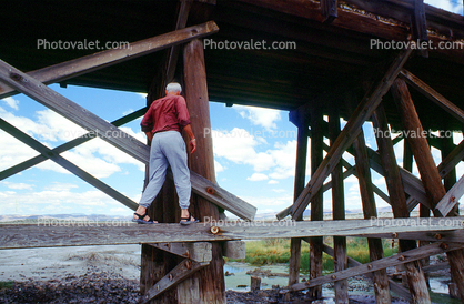 Man walking on a wooden beam, Train Trestle