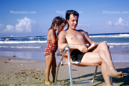 Father, Daughter, Beach, chair, Ocean, summer, 1950s