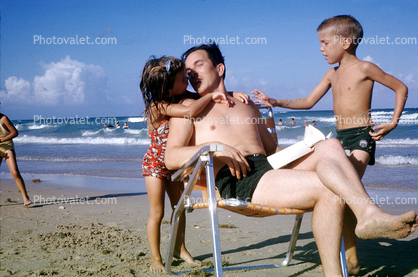 Father, Daughter, Son, Beach, chair, Ocean, summer, 1950s