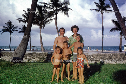 Father, Daughter, Son, Mother, Palm Trees, Beach, summer, 1950s