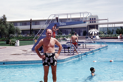 Diving Board, Swimming Pool, Man, Male, Trunks, Swimsuit, Dunes Resort Hotel, 1960s