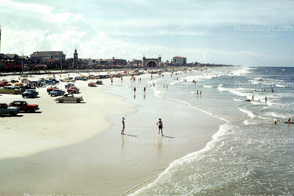 beach, sand, Carillon Beach, Panama City, cars, water, Atlantic Ocean, 1950s