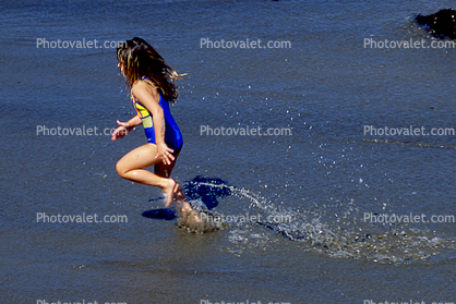 beach, waves, sand, girl, running