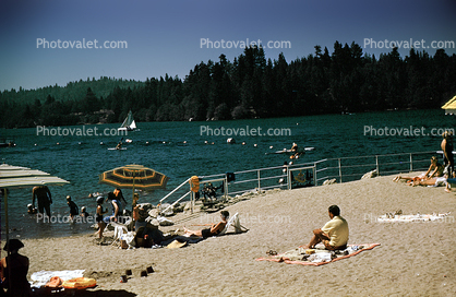 beach, sand, water, freshwater, umbrella, parasol, Lake Arrowhead, 1950s