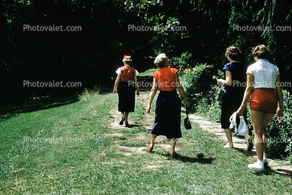 Women, walking, shorts, dress, pathway, walkway, gardens, 1954, 1950s