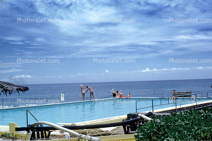 Swimming Pool, Ocean, clouds, sky, swimsuit, Kona Inn, Hawaii, 1960s