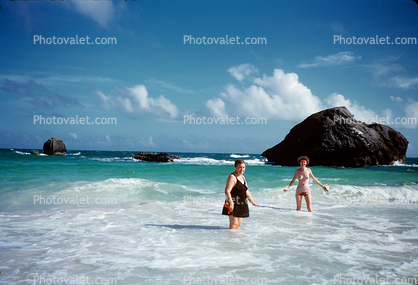 Women, Ocean, Waves, swimsuits, bikini, Rock Islands, Horseshoe Beach, Hamilton, Bermuda, 1950s
