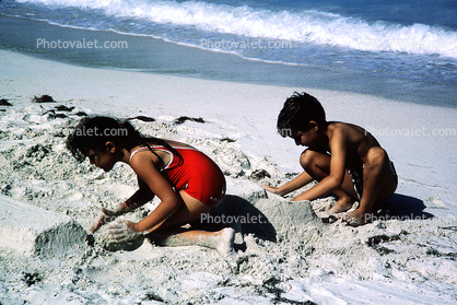 Beach, Sand, girl, boy, swimsuit, San Juan Puerto Rico, 1960s