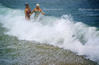 Beach, Women, Friends, Gulf, Sunny, Summertime, water, waves, 1950s