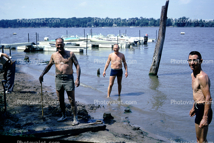 Men, Lake, docks, boats, swimwear, trunks, Illinois, 1968, 1960s