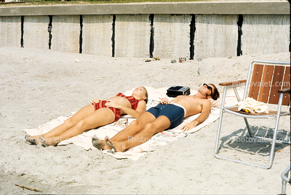 sunning, sunny, tanning, sand, beach, sun, 1960s