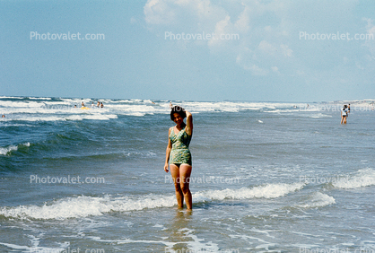 woman, waves, ocean, swimsuit, swimwear, vintage, 1960s