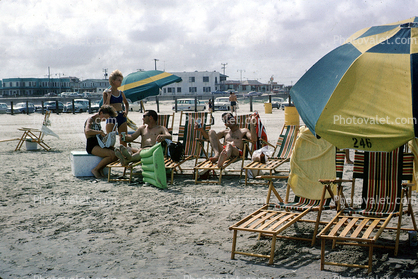 beach, sand, lounge chairs, 1960s
