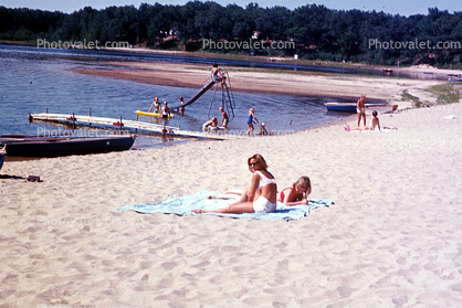 Beach, Sand, Lake, Water slide, Big Star Lake, Michigan, 1964, 1960s