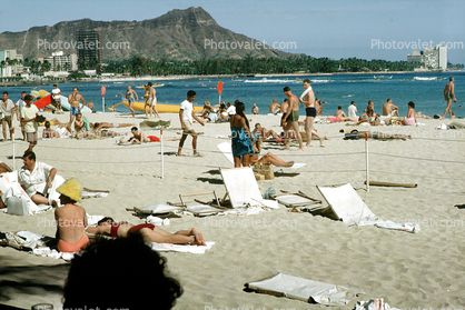 Sand, Pacific Ocean, Waikiki Beach, Honolulu, 1964, 1960s