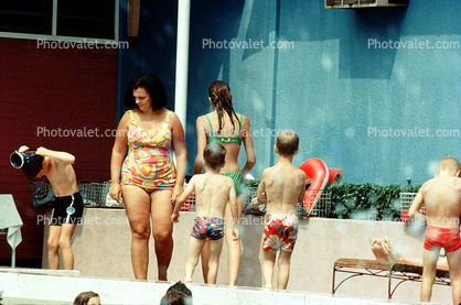 Woman, Boys, poolside, swimsuit, bathingsuit, trunks