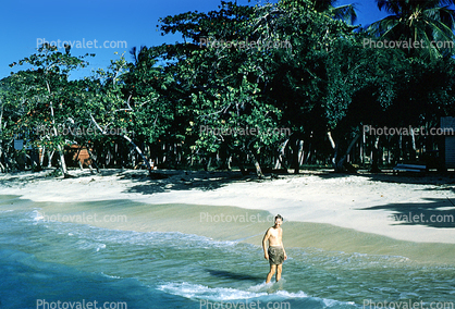 Man, trees, Beach, Sand, Ocean, Grandby, Grenada, 1950s