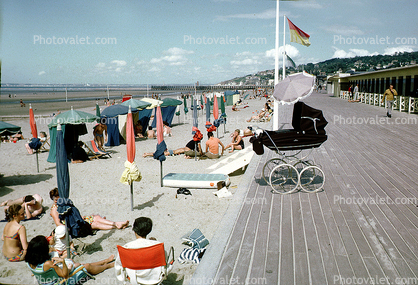 Beach, Sand, Ocean, baby carriage, boardwalk, sun, Deauville, 1967, 1960s
