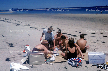 Picnic, Beach, Sand, Cape Cod, Massachusetts, 1950s