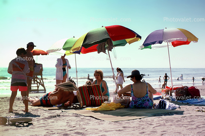 umbrella, parasol, beach, sand, water, party, sun, sunny, towels, footprints, 1960s