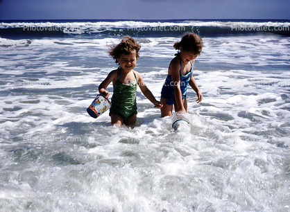 Girls, Beach, Water, Ocean, Pail, Sunny, smiles, 1950s