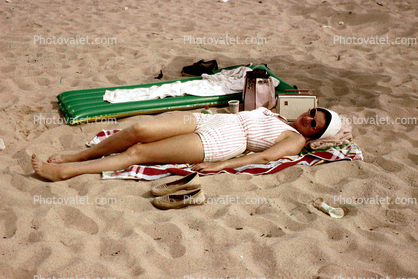 Beach, Sand, Napping, Purse, Radio, Sunburn, Suntan, Sunny, Woman, 1950s