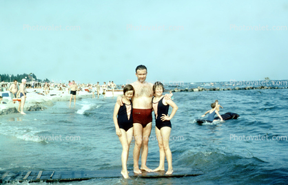 Father, Daughter, Ocean, Beach, Sunny, 1950s