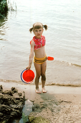 Girl, Bucket, Pail, Shore, Water, 1970s