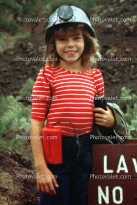 Girl, Female, smiles, miners hat, 1970s