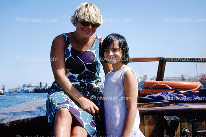 Girl, Female, fun, smiles, sunny day, dress, boat, sunglasses, 1968, 1960s