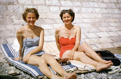 Women, Smiling, Suntan, Tanning, Lounging, Sunworshipper, Nice France, 1956, 1950s