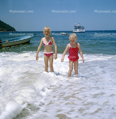 Pacific Ocean, water, waves, sand, beachwear, beach, girl, 1960s