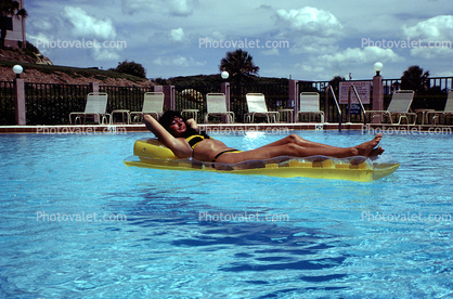 Air Mattress, Floating, Bikini Lady, Sunny, Pool, Lounging, Sun Worshipper, Ripples, Water, Liquid, Wet, Wavelets, 1960s