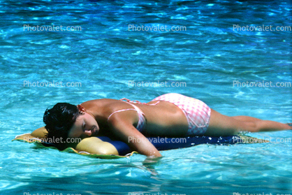 Woman, Floating, Air Mattres, Bikini, Suntan, Sunburn, Pool, Ripples, Water, Liquid, Wet, 1968, 1960s, Wavelets