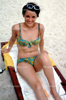 Woman, Smiles, Bikini, Towel, Sand, 1968, 1960s