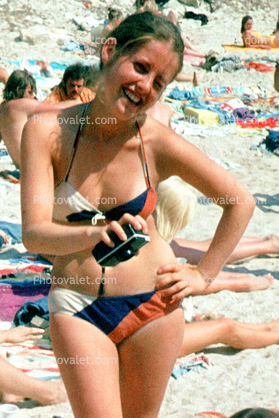 Girl on the Beach, camera, bikini, 1960s