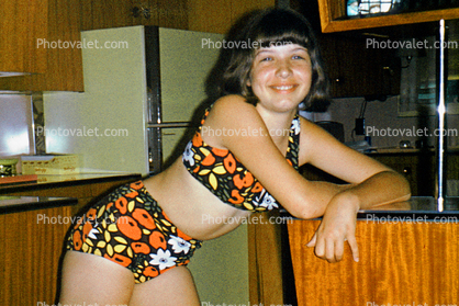 Girl, Smiles, Mod Flowery Swimsuit, 1968, 1960s