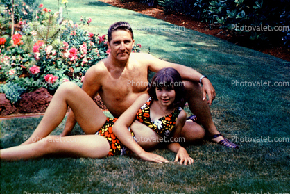 Smiles, Father, Daughter, Girl, Mod Flowery Swimsuit, 1968, 1960s