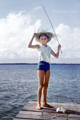 girl, dock, fishing, hat, swimsuit, 1960s