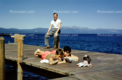 Boys on a Dock, father, man, mountains, 1950s